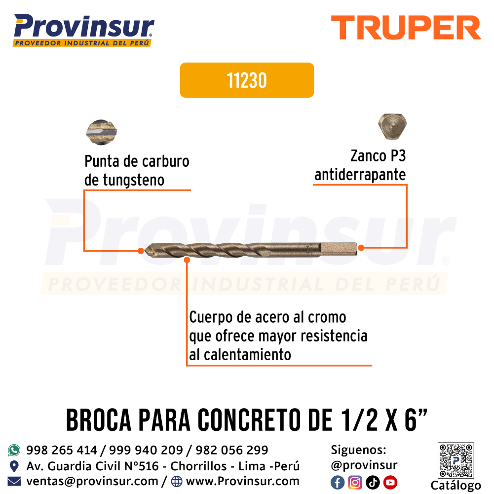 Broca para Concreto de 1/2 x 6 Pulgadas 11230 Truper 2 Broca para concreto de 1/2 x 6 pulgadas 11230 Truper