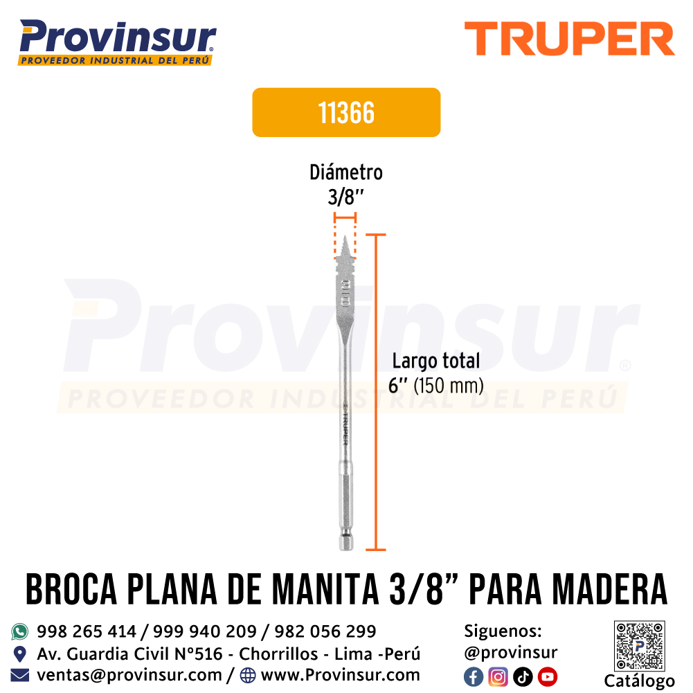 Broca Plana de Manita 3/8 Pulgadas para Madera 11366 Truper 2 Broca plana de manita 3/8 pulgadas para madera 11366 Truper