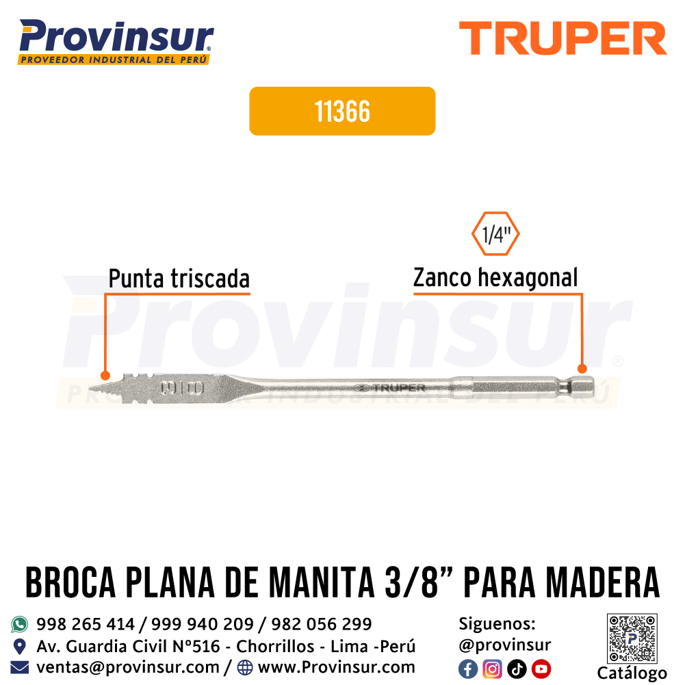 Broca Plana de Manita 3/8 Pulgadas para Madera 11366 Truper 3 Broca plana de manita 3/8 pulgadas para madera 11366 Truper