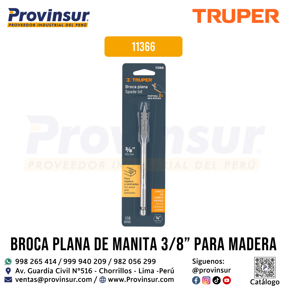 Broca Plana de Manita 3/8 Pulgadas para Madera 11366 Truper 4 Broca plana de manita 3/8 pulgadas para madera 11366 Truper