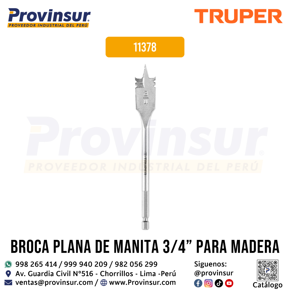 Broca Plana de Manita de 3/4 Pulgadas para Madera 11378 Truper 1 Broca plana de manita de 3/4 pulgadas para madera 11378 Truper
