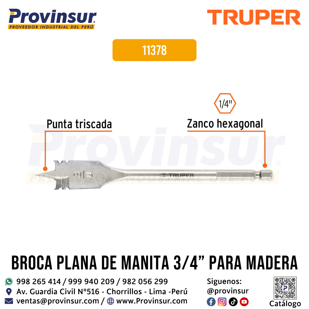 Broca Plana de Manita de 3/4 Pulgadas para Madera 11378 Truper 3 Broca plana de manita de 3/4 pulgadas para madera 11378 Truper