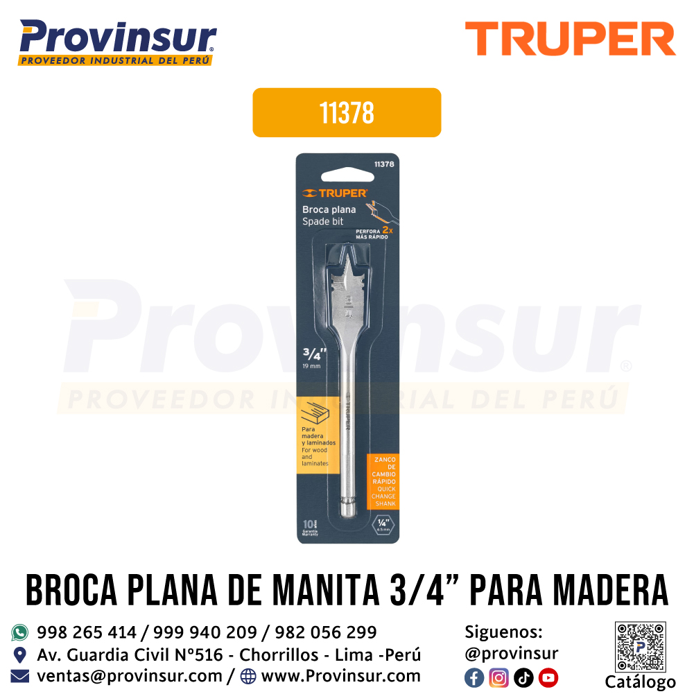 Broca Plana de Manita de 3/4 Pulgadas para Madera 11378 Truper 4 Broca plana de manita de 3/4 pulgadas para madera 11378 Truper