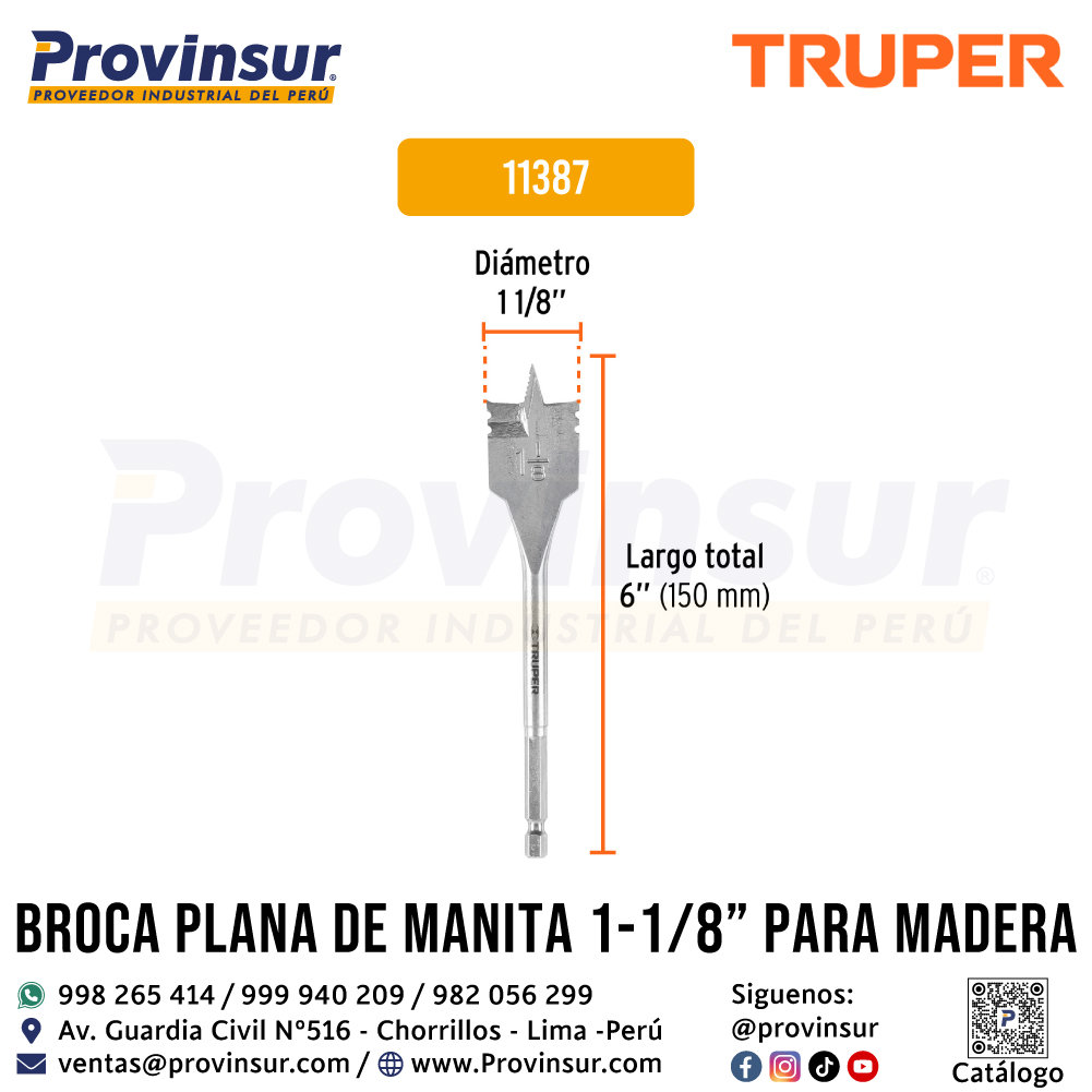 Broca Plana de Manita 1-1/8 Pulgadas para Madera 11387 Truper 2 Broca plana de manita 1-1/8 pulgadas para madera 11387 Truper