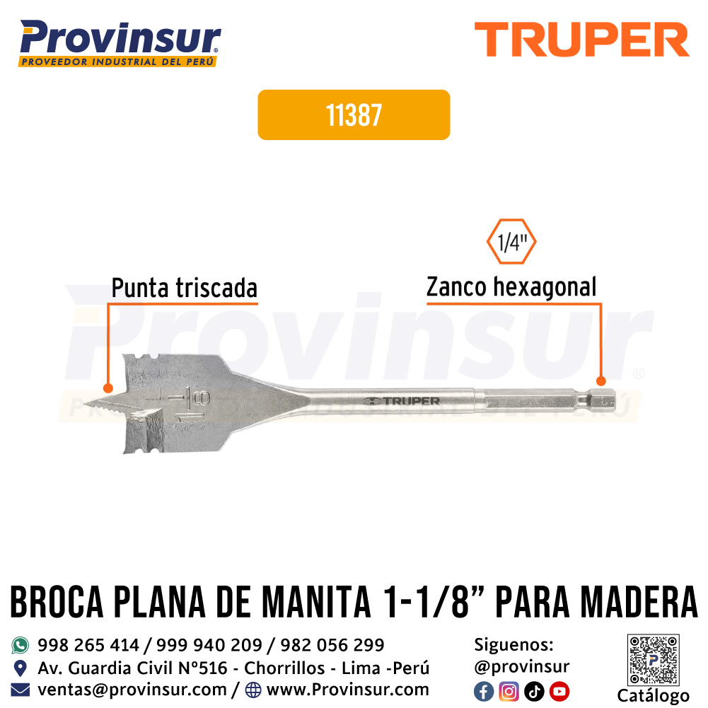 Broca Plana de Manita 1-1/8 Pulgadas para Madera 11387 Truper 3 Broca plana de manita 1-1/8 pulgadas para madera 11387 Truper