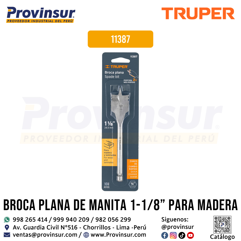 Broca Plana de Manita 1-1/8 Pulgadas para Madera 11387 Truper 4 Broca plana de manita 1-1/8 pulgadas para madera 11387 Truper