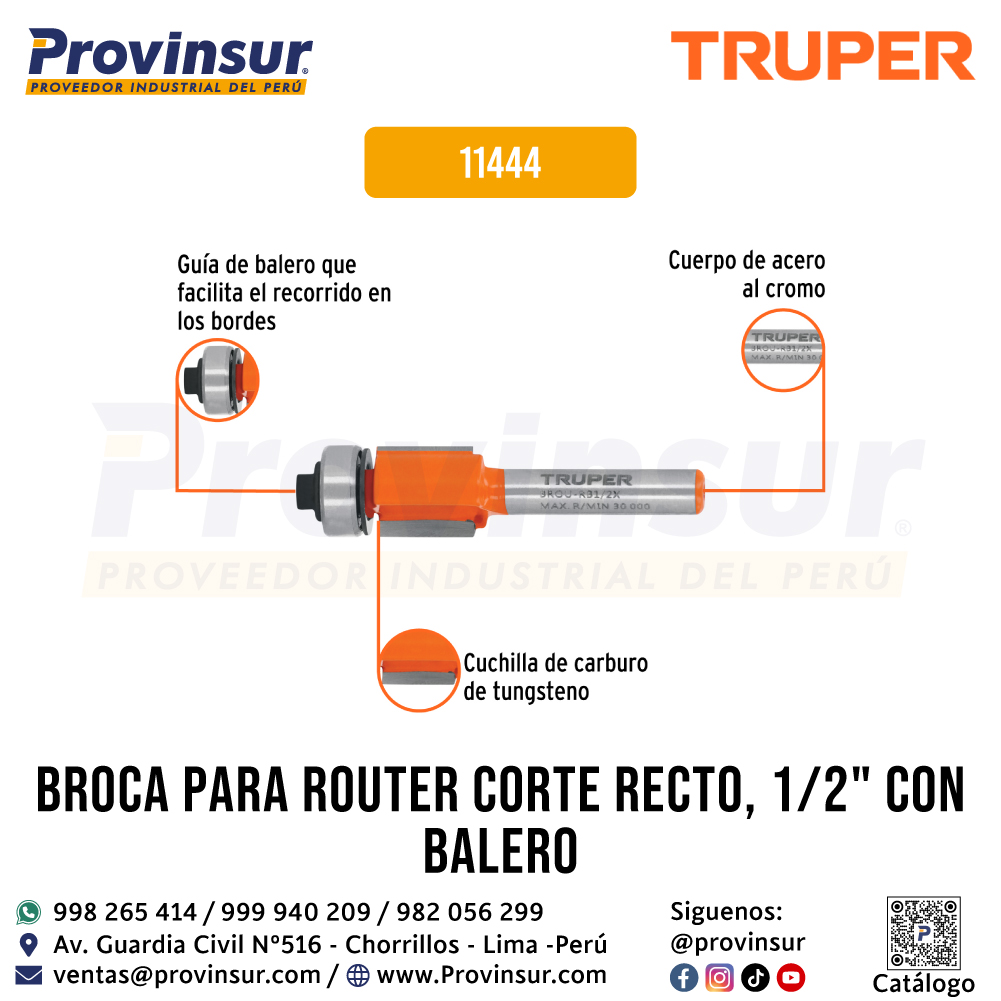 Broca para Router Corte Recto 1/2 Pulgada con Balero 11444 Truper 2 Broca para router corte recto 1/2 pulgada con balero 11444 Truper