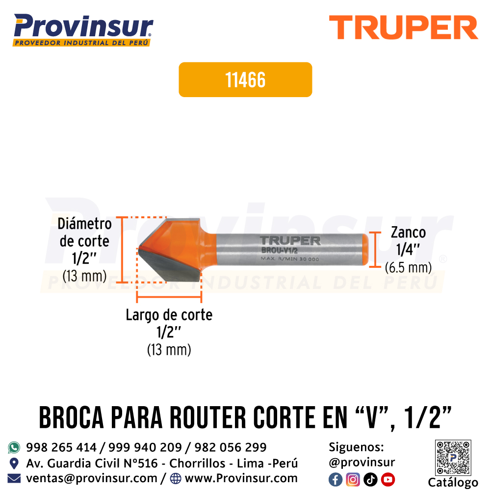 Broca para Router Corte en V de 1/2 Pulgada 11466 Truper 2 Broca para router corte en V de 1/2 pulgada 11466 Truper