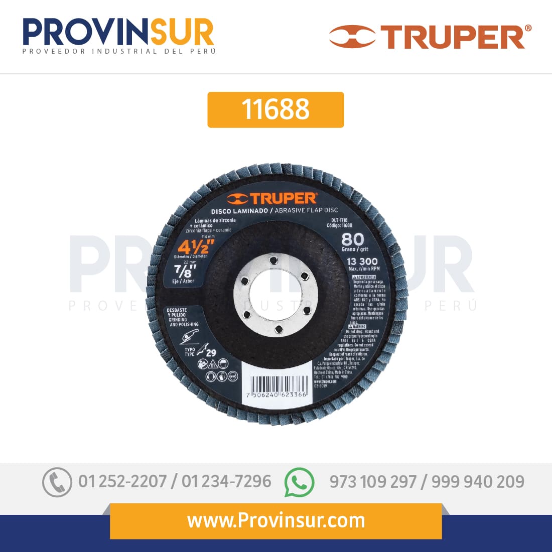 Disco laminado, 4-1/2", grano 80, centro 7/8" 11688 Truper 1 Disco laminado, 4-1/2", grano 80, centro 7/8" 11688 Truper