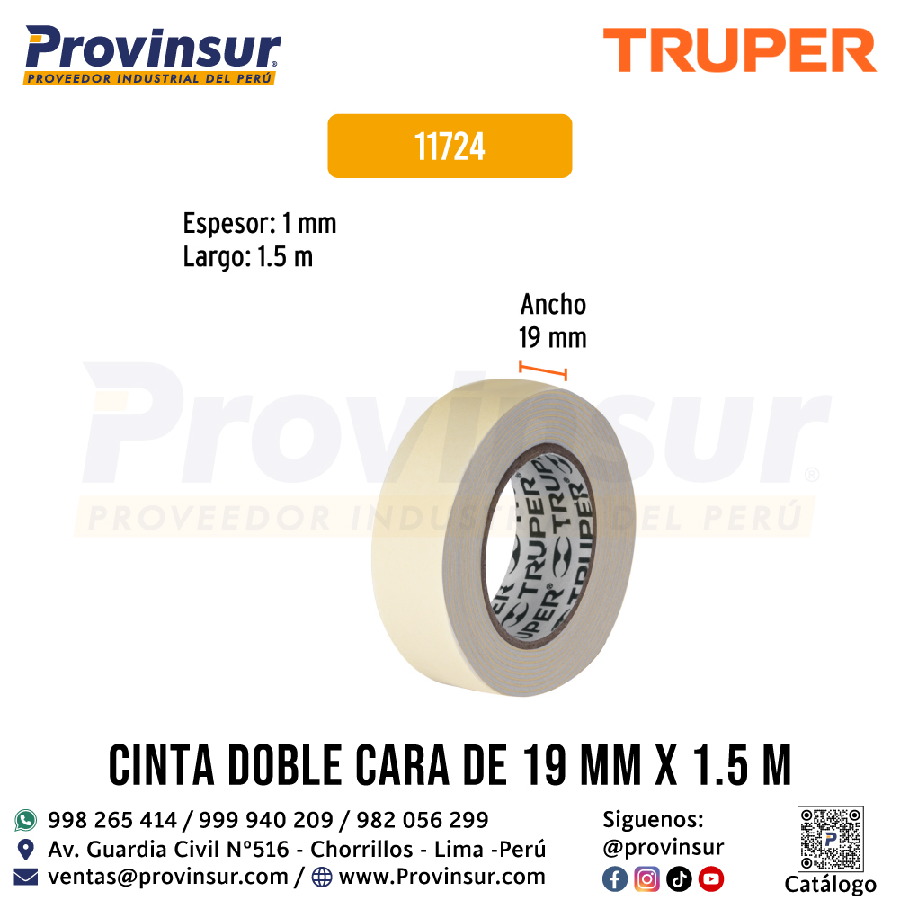 Cinta Doble Cara de 19 mm x 1.5 m 11724 Truper 2 Cinta doble cara de 19 mm x 1.5 m 11724 Truper