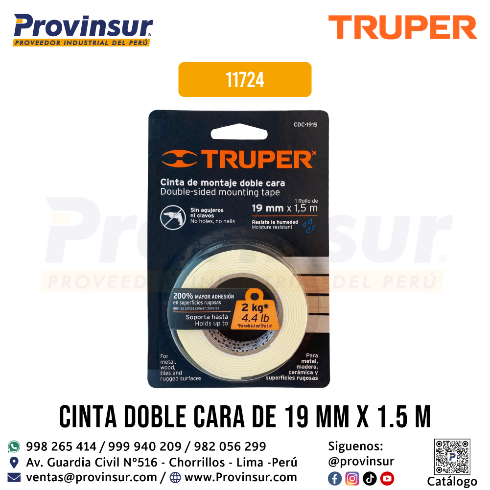 Cinta Doble Cara de 19 mm x 1.5 m 11724 Truper 3 Cinta doble cara de 19 mm x 1.5 m 11724 Truper
