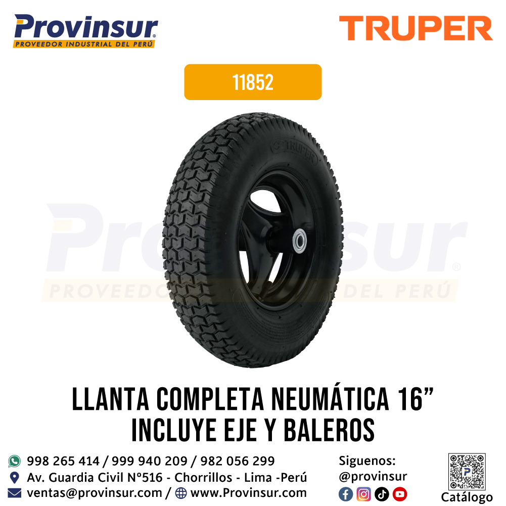 Llanta Completa Neumática 16 Pulgadas incluye Eje y Baleros 11852 Truper 1 Llanta completa neumática 16 pulgadas incluye eje y baleros 11852 Truper