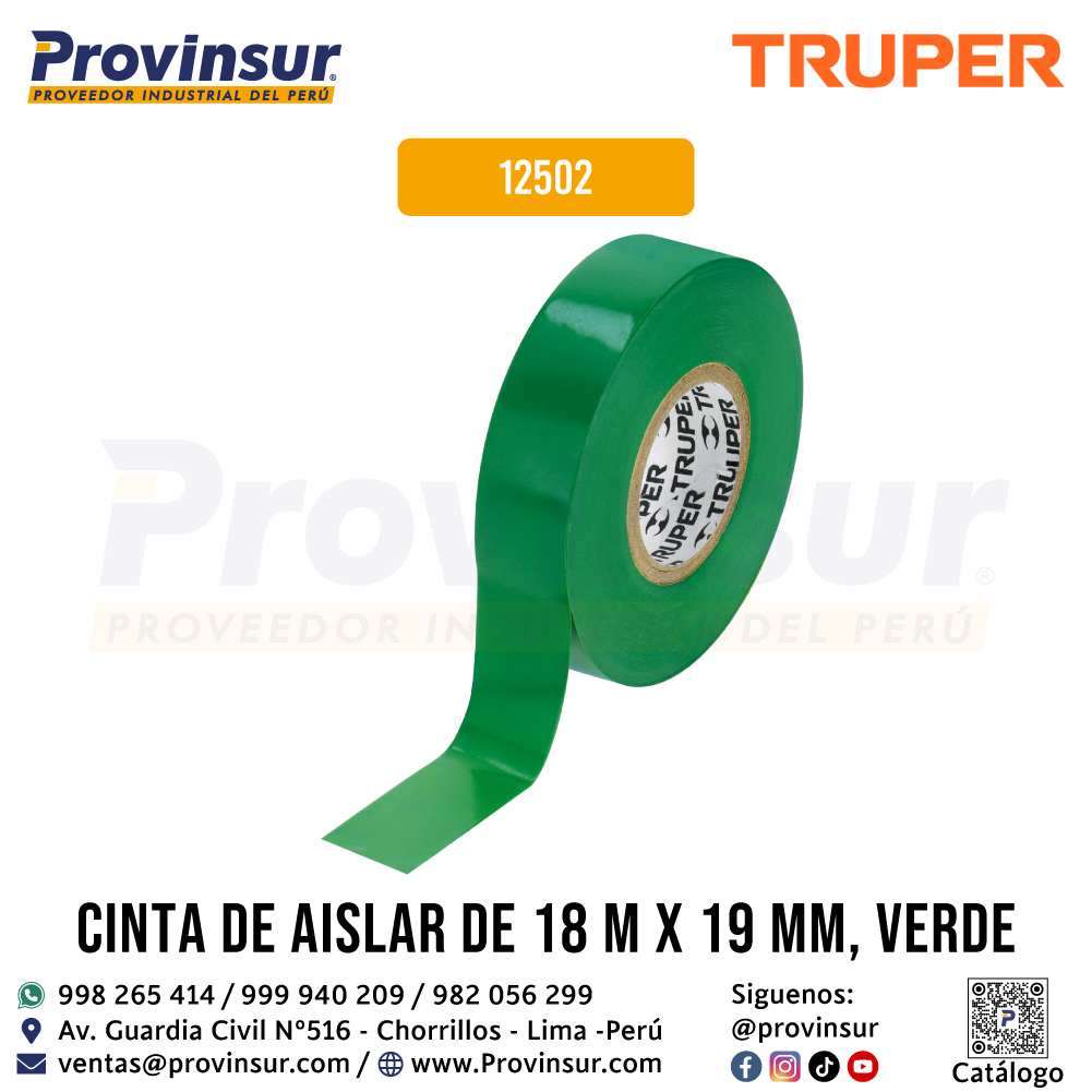 Cinta de Aislar Verde 18 Metros x 19 mm 12502 Truper 1 Cinta de aislar verde 18 metros x 19 mm 12502 Truper
