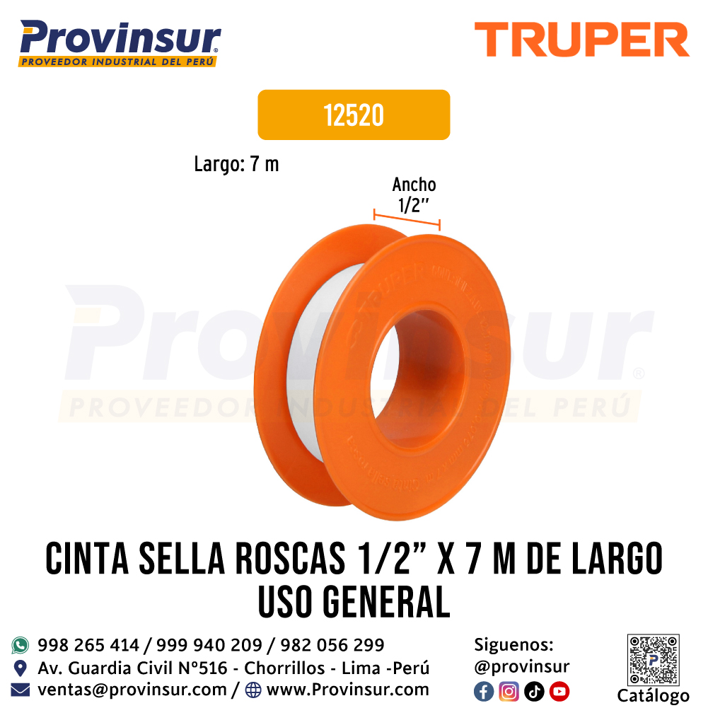 Cinta Sella Roscas 1/2 Pulgada x 7 Metros Uso General 12520 Truper 2 Cinta sella roscas 1/2 pulgada x 7 metros uso general 12520 Truper