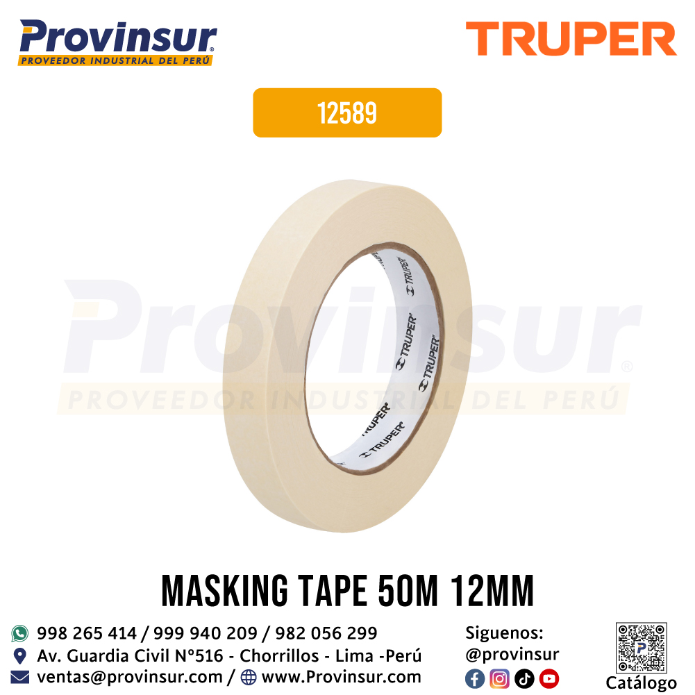 Cinta Masking Tap de 1/2 Pulgada x 50 Metros 12589 Truper 1 Cinta masking tap de 1/2 pulgada x 50 metros 12589 Truper