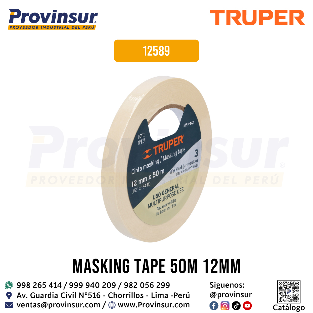 Cinta Masking Tap de 1/2 Pulgada x 50 Metros 12589 Truper 4 Cinta masking tap de 1/2 pulgada x 50 metros 12589 Truper