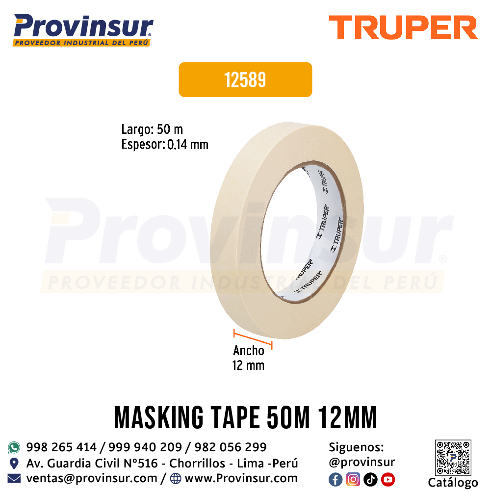 Cinta Masking Tap de 1/2 Pulgada x 50 Metros 12589 Truper 2 Cinta masking tap de 1/2 pulgada x 50 metros 12589 Truper