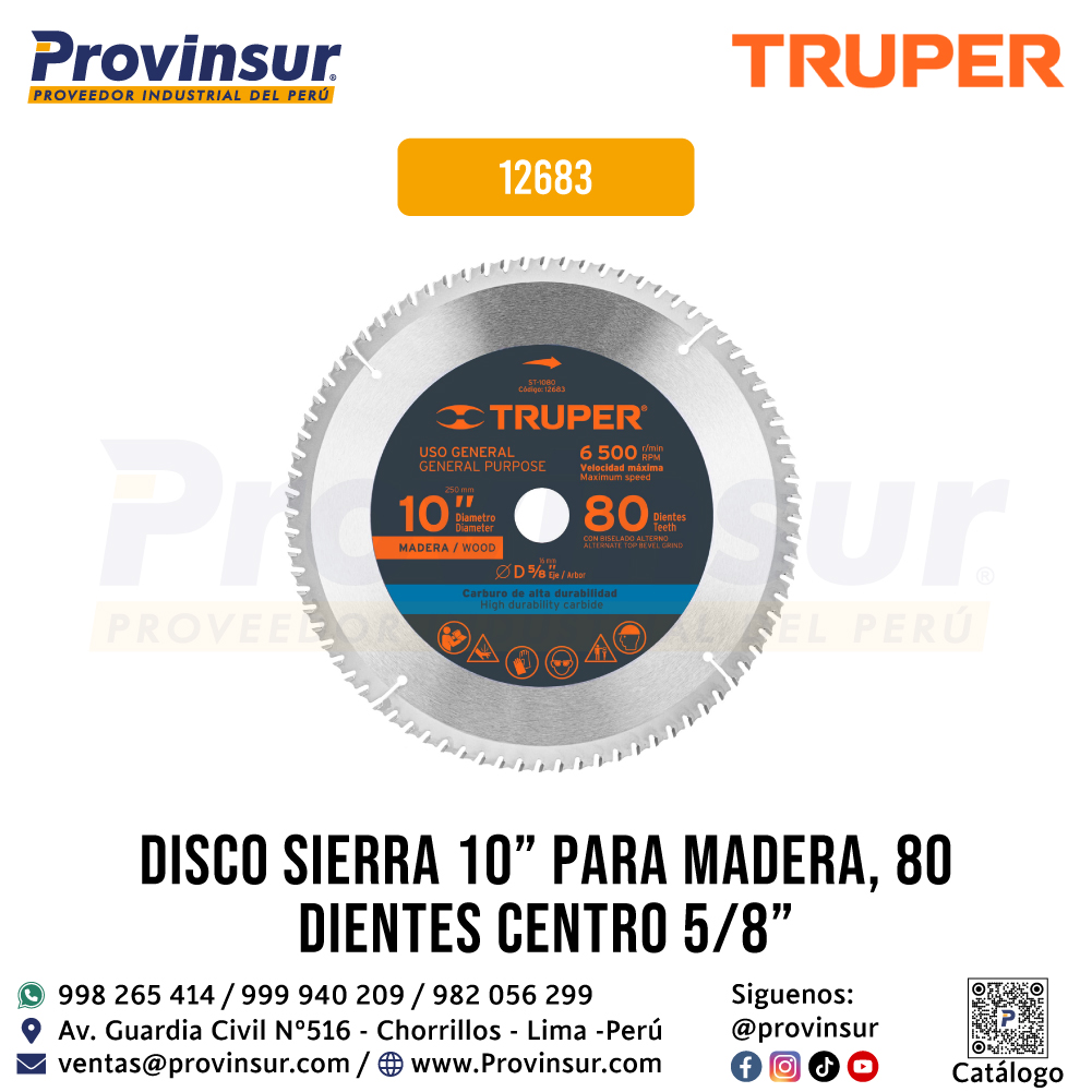 Disco Sierra p/Madera 10 Pulgadas 80 Dientes Centro 5/8 Pulgadas 12683 Truper 1 Disco sierra p/madera 10 pulgadas 80 dientes centro 5/8 pulgadas 12683 Truper