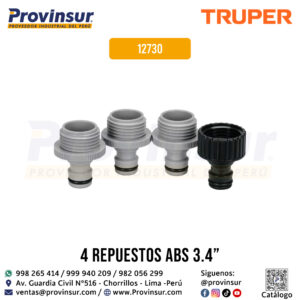 Set de 4 adaptadores de manguera para conectores click 12730 Truper Fabricados en ABS 3 conectores machos y 1 conector hembra Empaque antifuga con diseño cónico Espiga: 3/4" (19 mm) Rosca: 3/4" - 11.5 NH Empaque individual: Blíster