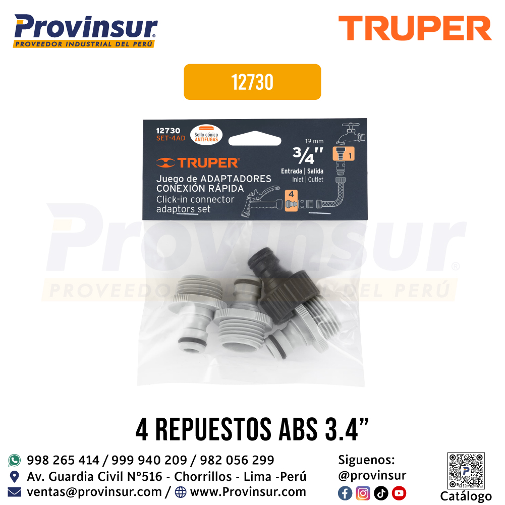 Set de 4 Adaptadores de Manguera para Conectores Click 12730 Truper 2 Set de 4 adaptadores de manguera para conectores click 12730 Truper Fabricados en ABS 3 conectores machos y 1 conector hembra Empaque antifuga con diseño cónico Espiga: 3/4" (19 mm) Rosca: 3/4" - 11.5 NH Empaque individual: Blíster