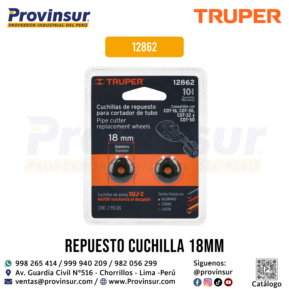 Repuesto de 2 Cuchillas Para Cortador de Tubo COT-16-50 12862 Truper 2 Repuesto de 2 cuchillas para cortador de tubo COT-16-50 12862 Truper