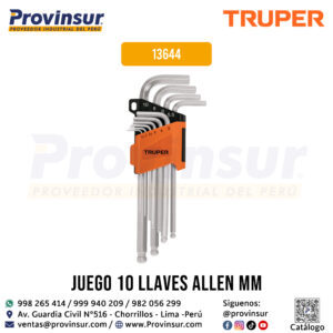 Juego de 10 llaves allen largas mm punta bola con organizador 13644 Truper