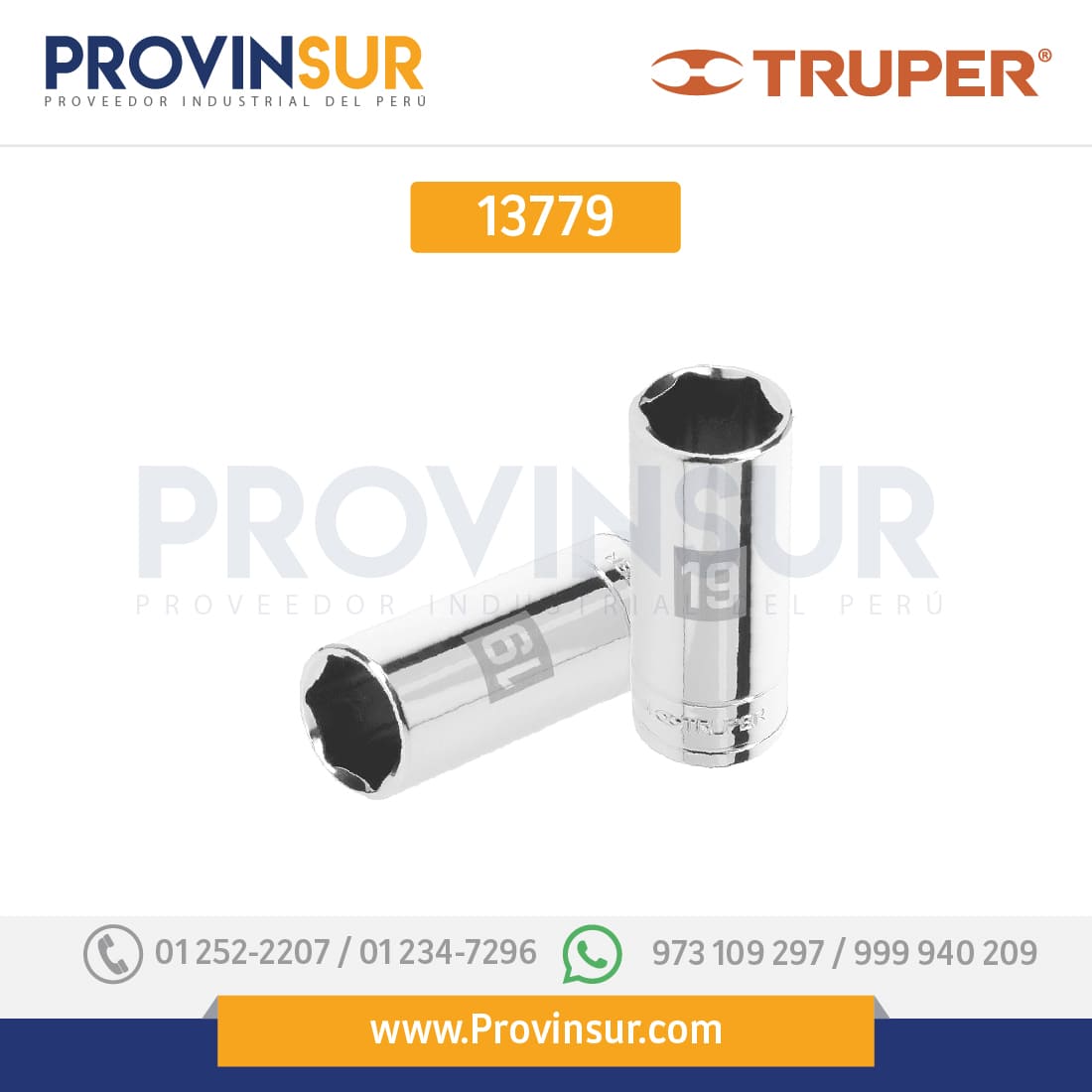 Dado de 6 puntas, largo, cuadro 3/8" de 19mm 13779 Truper 1 Dado de 6 puntas, largo, cuadro 3/8" de 19mm 13779 Truper
