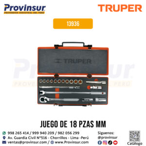 Juego de 18 herramientas cuadro 1/2'' mm para mecánico 13936 Truper