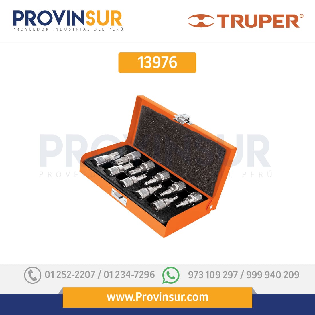 Juego de 10 dados cuadro 3/8" punta torx, estuche metálico 13976 Truper 1 Juego de 10 dados cuadro 3/8" punta torx, estuche metálico 13976 Truper