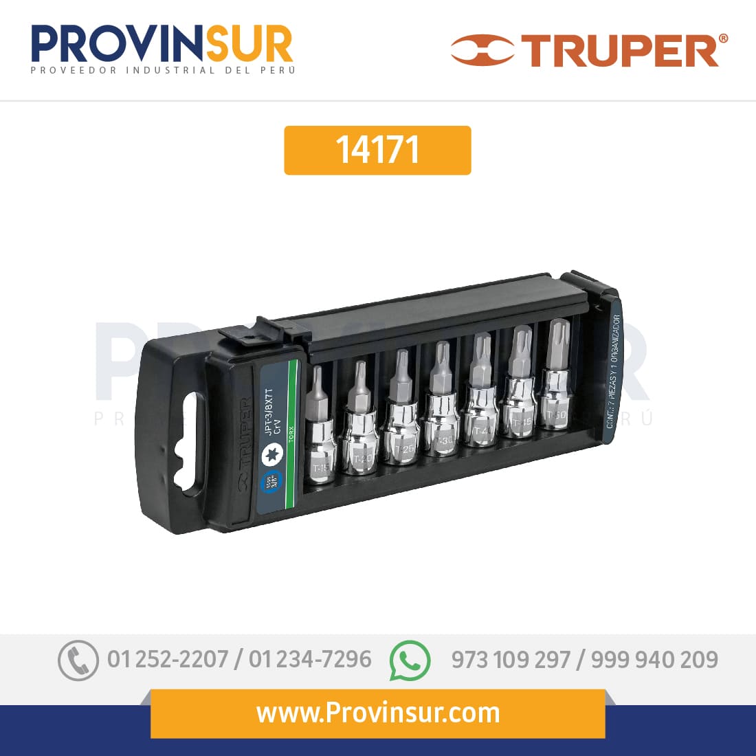 Juego de 7 dados cuadro 3/8" punta torx 14171 Truper 1 Juego de 7 dados cuadro 3/8" punta torx 14171 Truper