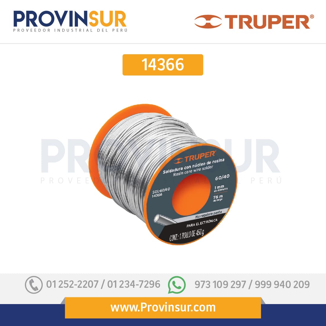 Soldadura con núcleo resina 60/40, para electrónica, 450 g 14366 Truper 1 Soldadura con núcleo resina 60/40, para electrónica, 450 g 14366 Truper