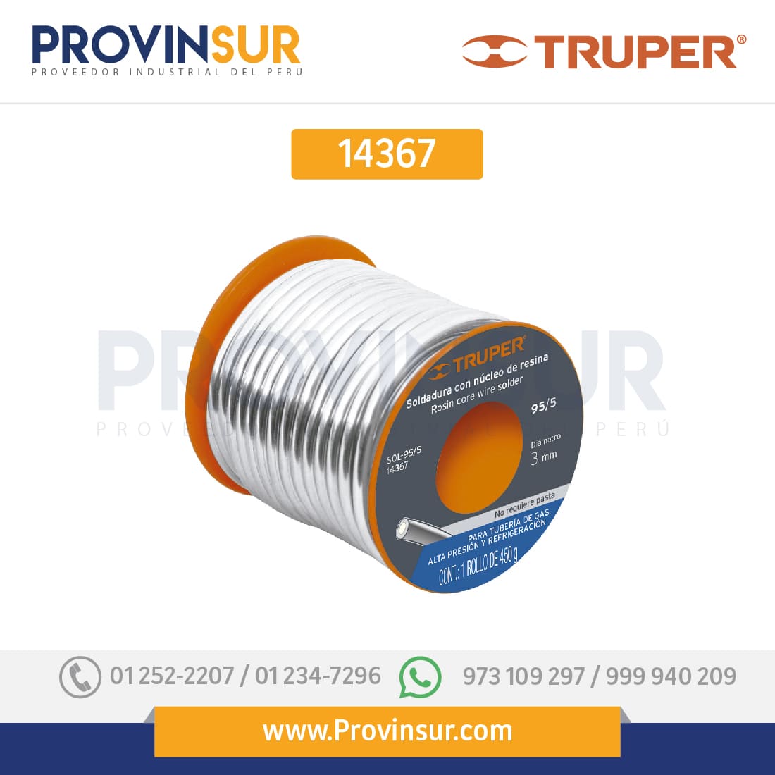 Soldadura con núcleo resina 95/5, tubería de gas, 450 g 14367 Truper 1 Soldadura con núcleo resina 95/5, tubería de gas, 450 g