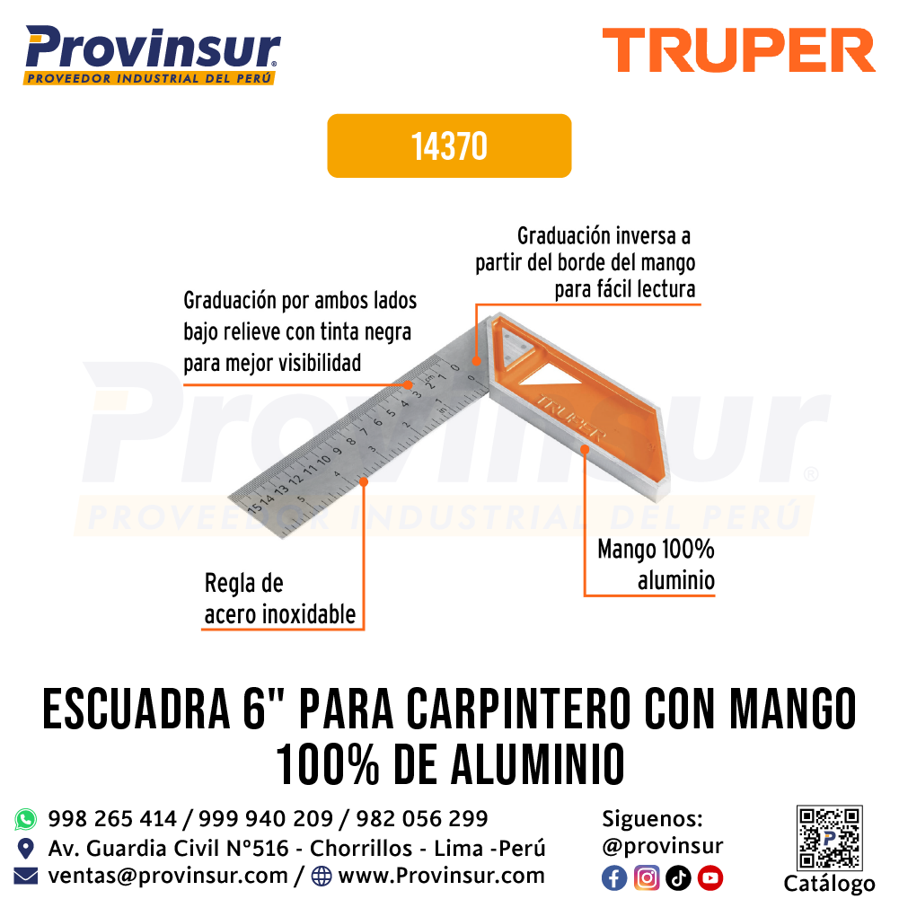 Escuadra para carpintero de 6 pulgadas con mango de aluminio 14370 Truper 2 Escuadra para carpintero de 6 pulgadas con mango de aluminio 14370 Truper