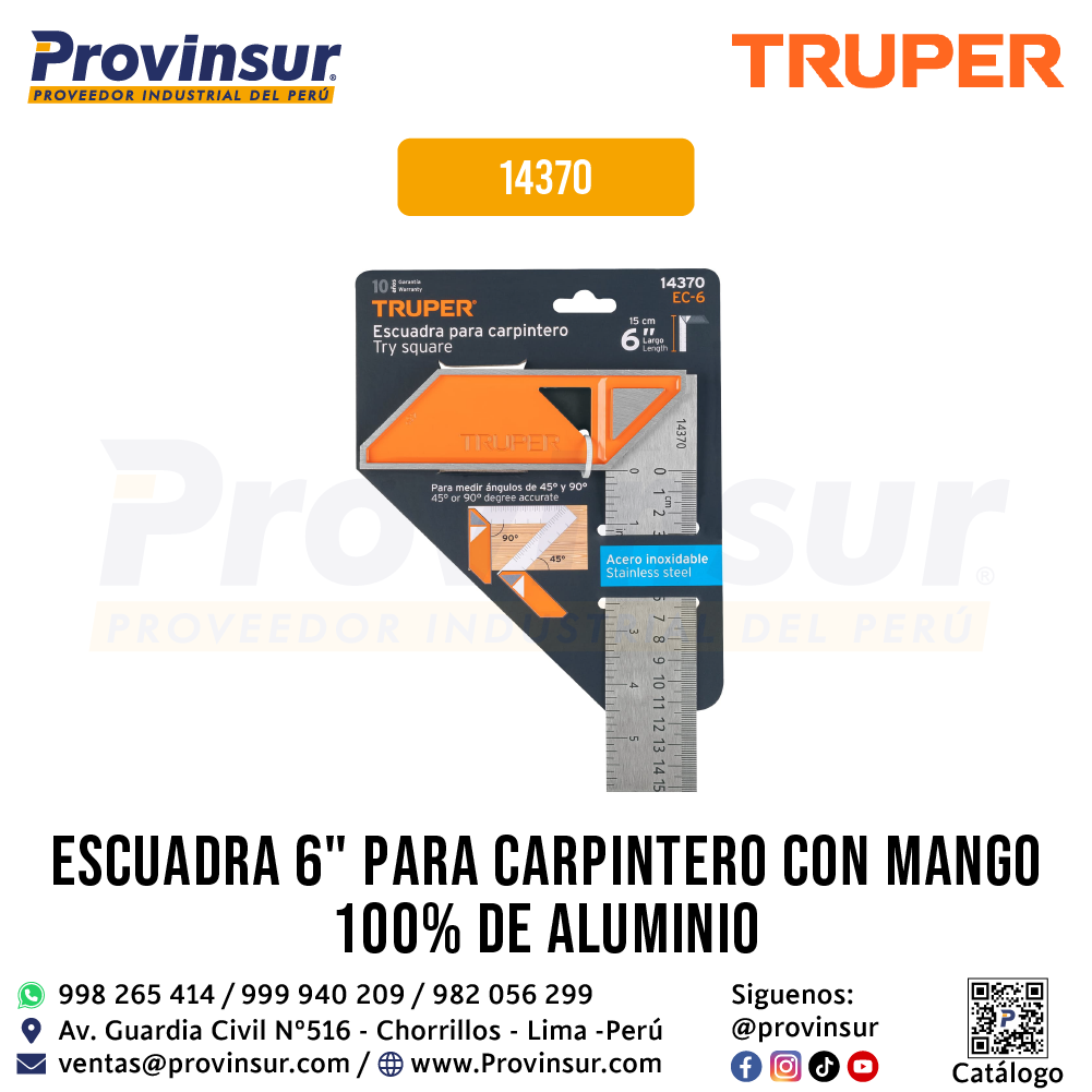 Escuadra para carpintero de 6 pulgadas con mango de aluminio 14370 Truper 4 Escuadra para carpintero de 6 pulgadas con mango de aluminio 14370 Truper