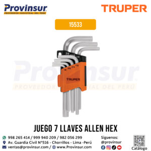 Juego 7 llaves allen std punta hexagonal con organizador 15533 Truper