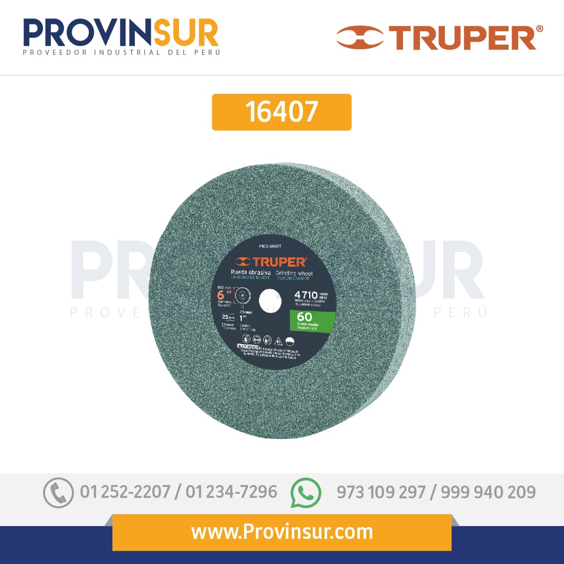 Piedra para esmeril 6 X 1", carburo de silicio, grano 60 16407 Truper 1 Piedra para esmeril 6 X 1", carburo de silicio, grano 60 16407 Truper