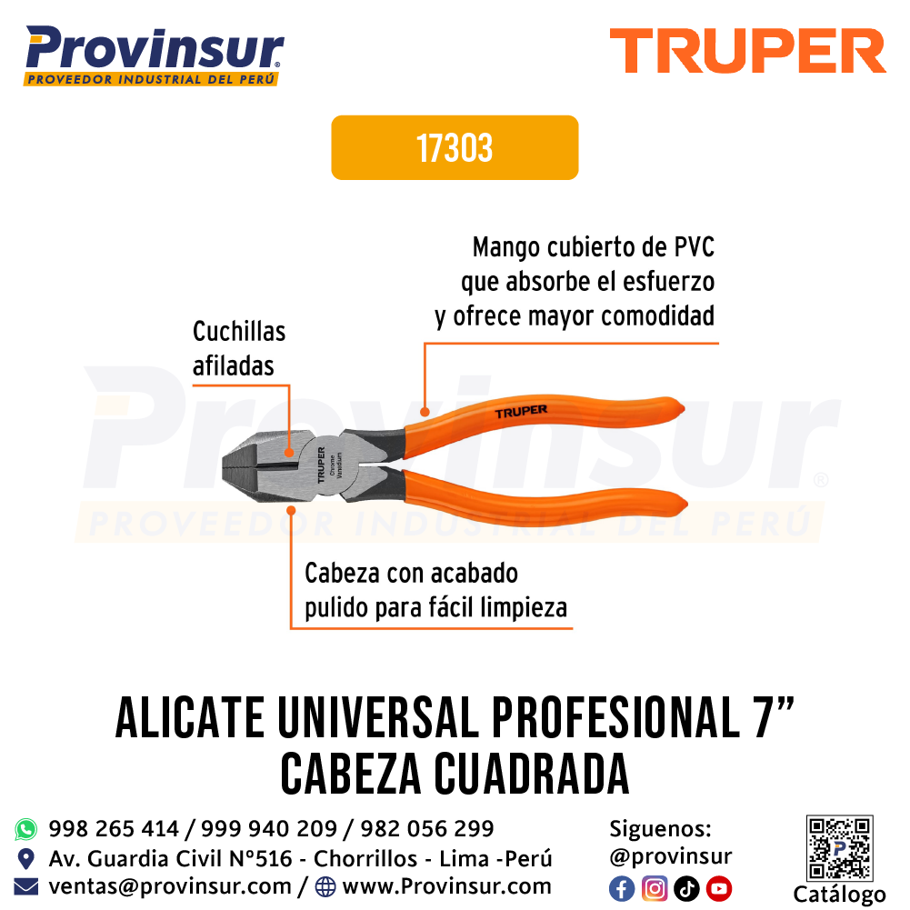Pinza para electricista de 7'' uso rudo con mango PVC 17303 Truper 3 Pinza para electricista de 7'' uso rudo con mango PVC 17303 Truper