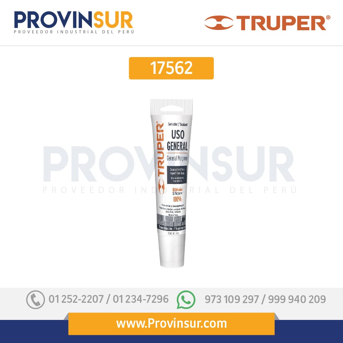 Sellador translúcido, 100% de silicón, 85 gr 17562 Truper 1 Sellador translúcido, 100% de silicón, 85 gr 17562 Truper
