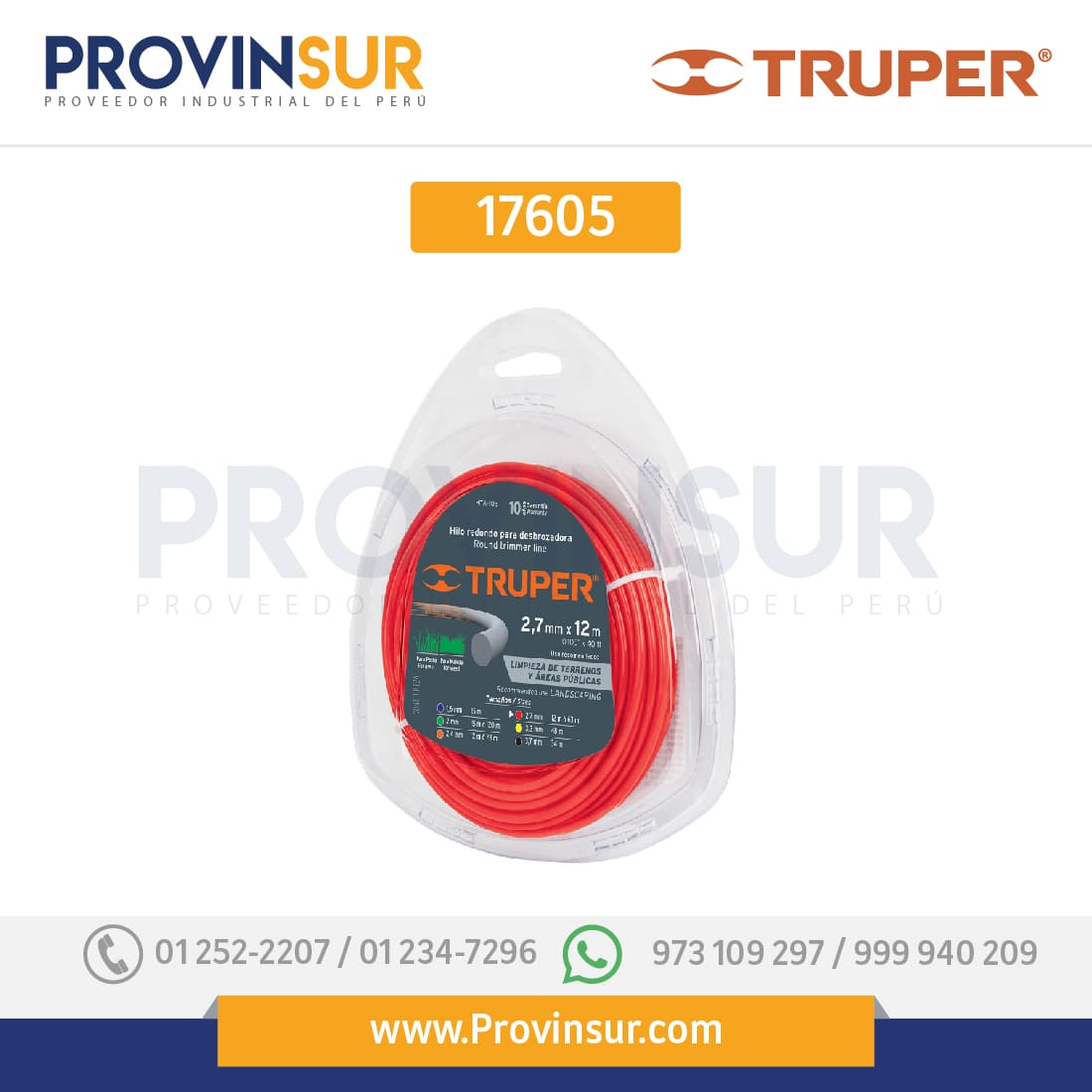 Hilo redondo para desbrozadora, 15 m largo, 1.6 mm, blíster 17605 Truper 1 Hilo redondo para desbrozadora, 15 m largo, 1.6 mm, blíster 17605 Truper