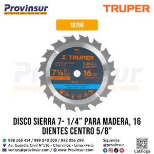 Disco Sierra 7-1/4'' para Madera de 16 Dientes y Centro 5/8'' 18298 Truper