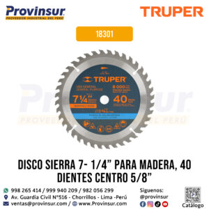 Disco Sierra 7-1/4'' para Madera de 40 Dientes y Centro 5/8'' 18301 Truper