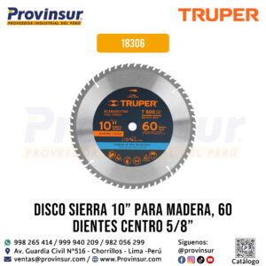 Disco Sierra 10'' para Madera de 60 dientes y Centro 5/8'' 18306 Truper