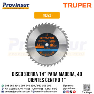 Disco Sierra 14'' para Madera de 40 dientes y Centro 1'' 18322 Truper