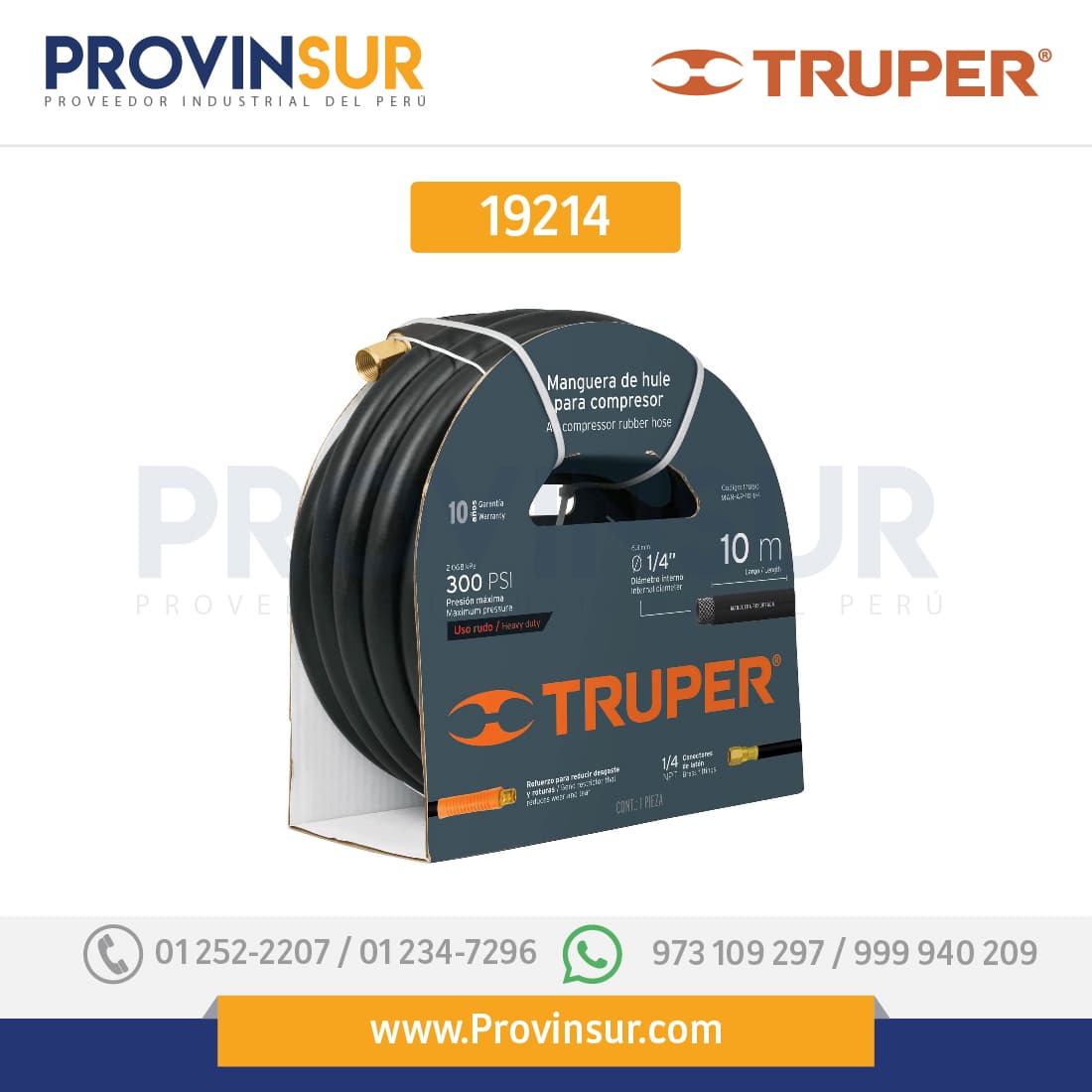 Manguera de hule para compresor, 7.5 m, 3/8" 19214 Truper 1 Manguera de hule para compresor, 7.5 m, 3/8" 19214 Truper