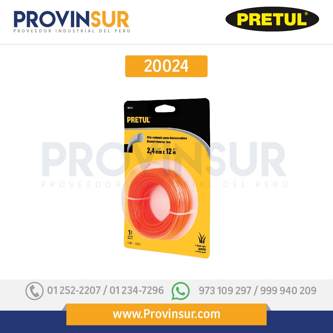 Tarjeta con 12 m hilo redondo 2.4 mm p/desbrozadora, 20024 Pretul 1 Tarjeta con 12 m hilo redondo 2.4 mm p/desbrozadora, 20024 Pretul