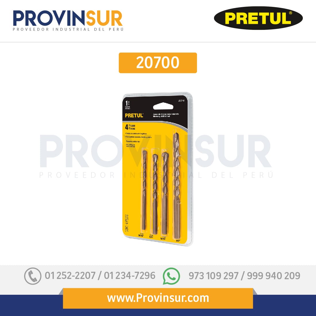 Juego de brocas para concreto, 4 piezas, 20700 Pretul 1 Juego de brocas para concreto, 4 piezas, 20700 Pretul