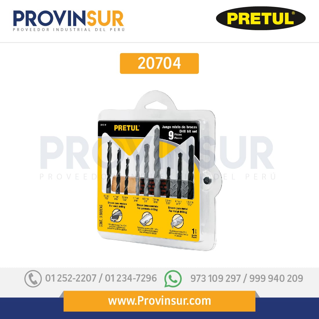 Juego de brocas mixto, 9 piezas, 20704 Pretul 1 Juego de brocas mixto, 9 piezas, 20704 Pretul