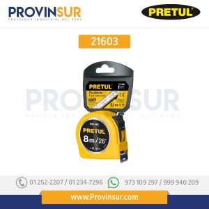 Flexómetro, amarillo, 8m, cinta 25 mm, tarjeta plástica 21603 Pretul
