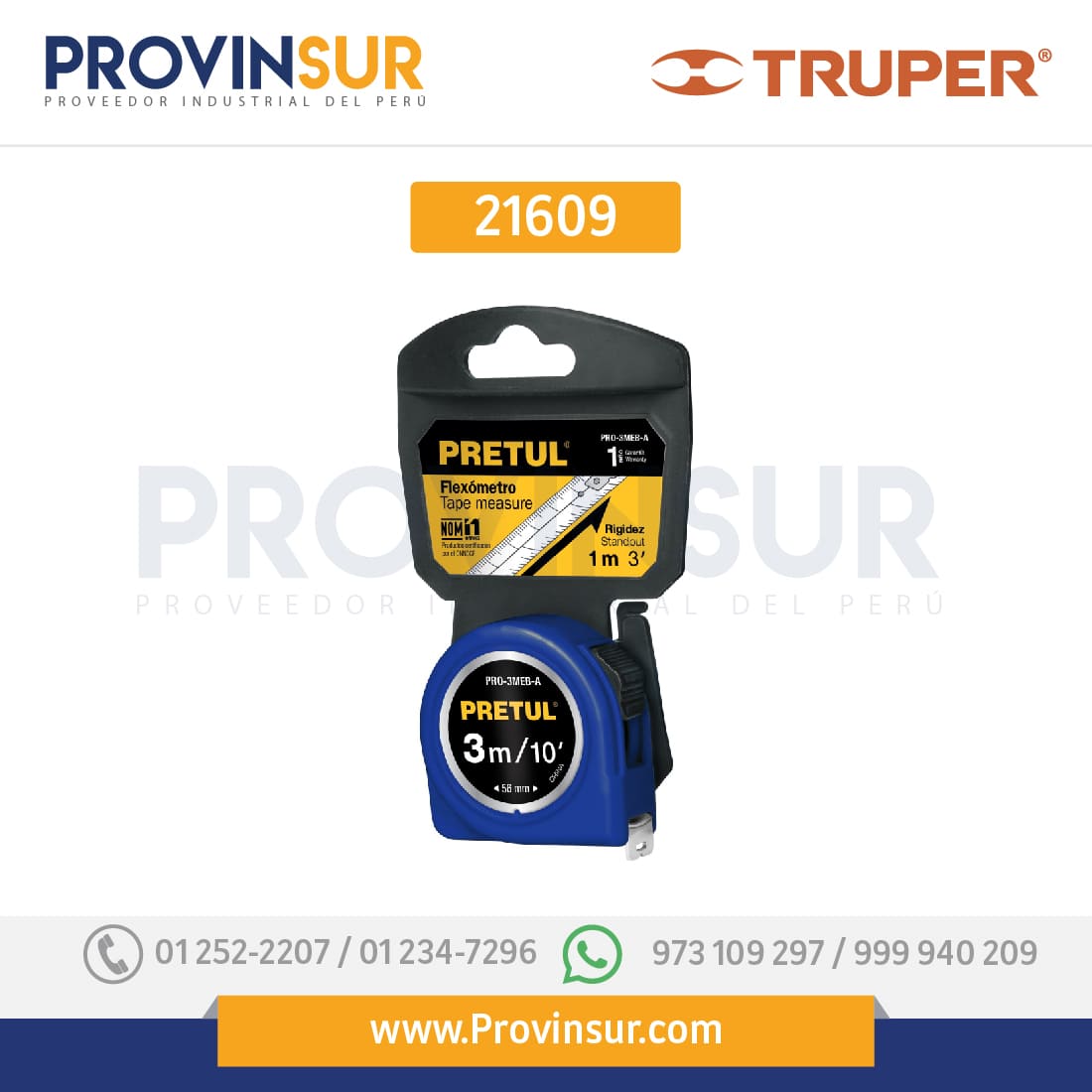 Flexómetro, azul, 3 m, cinta 13 mm, Pretul, tarjeta plástica 21609 Truper 1 Flexómetro, azul, 3 m, cinta 13 mm, Pretul, tarjeta plástica 21609 Truper
